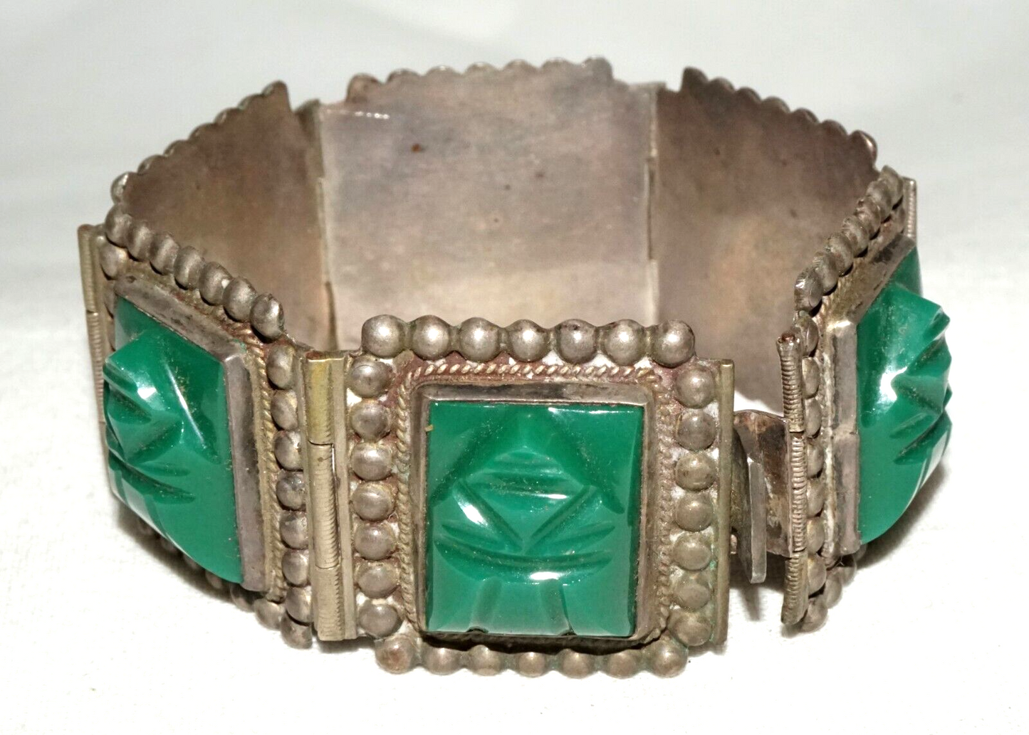 Vtg Mexican Modernist Sterling Silver & Green Synthetic Accents Bracelet (TuD)