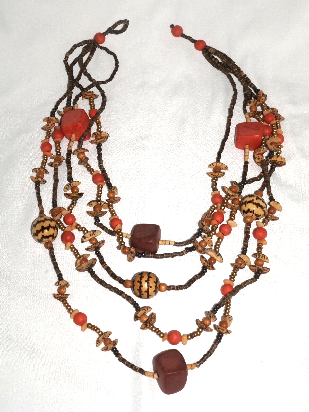 Multi Strand Coconut Shell & Orange Bead Ethnic Necklace & Earrings (MaM)6