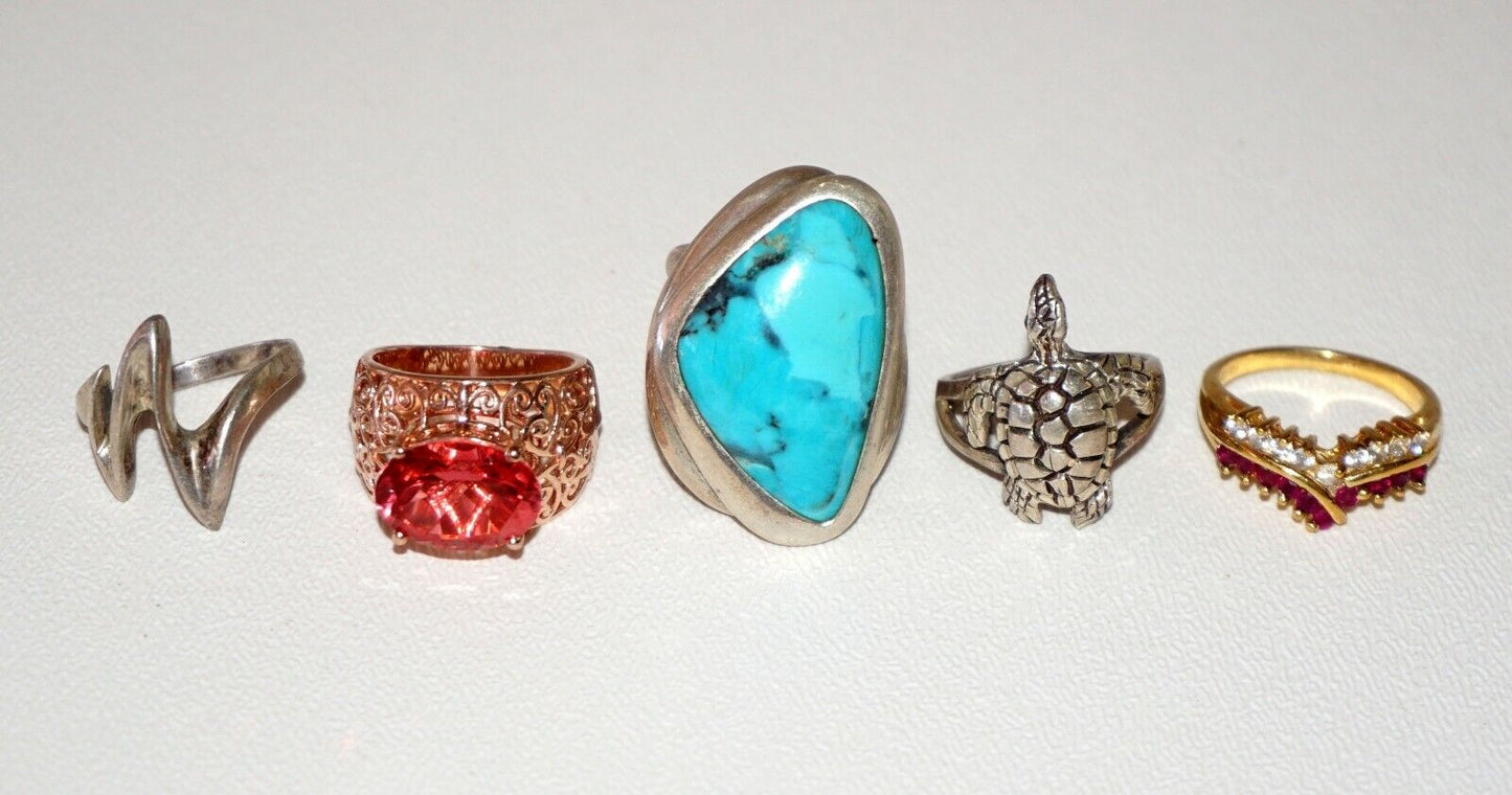 5x Vintage Sterling Silver Rings Turquoise Rubies Quartz Turtle Abstract(NoN)R38