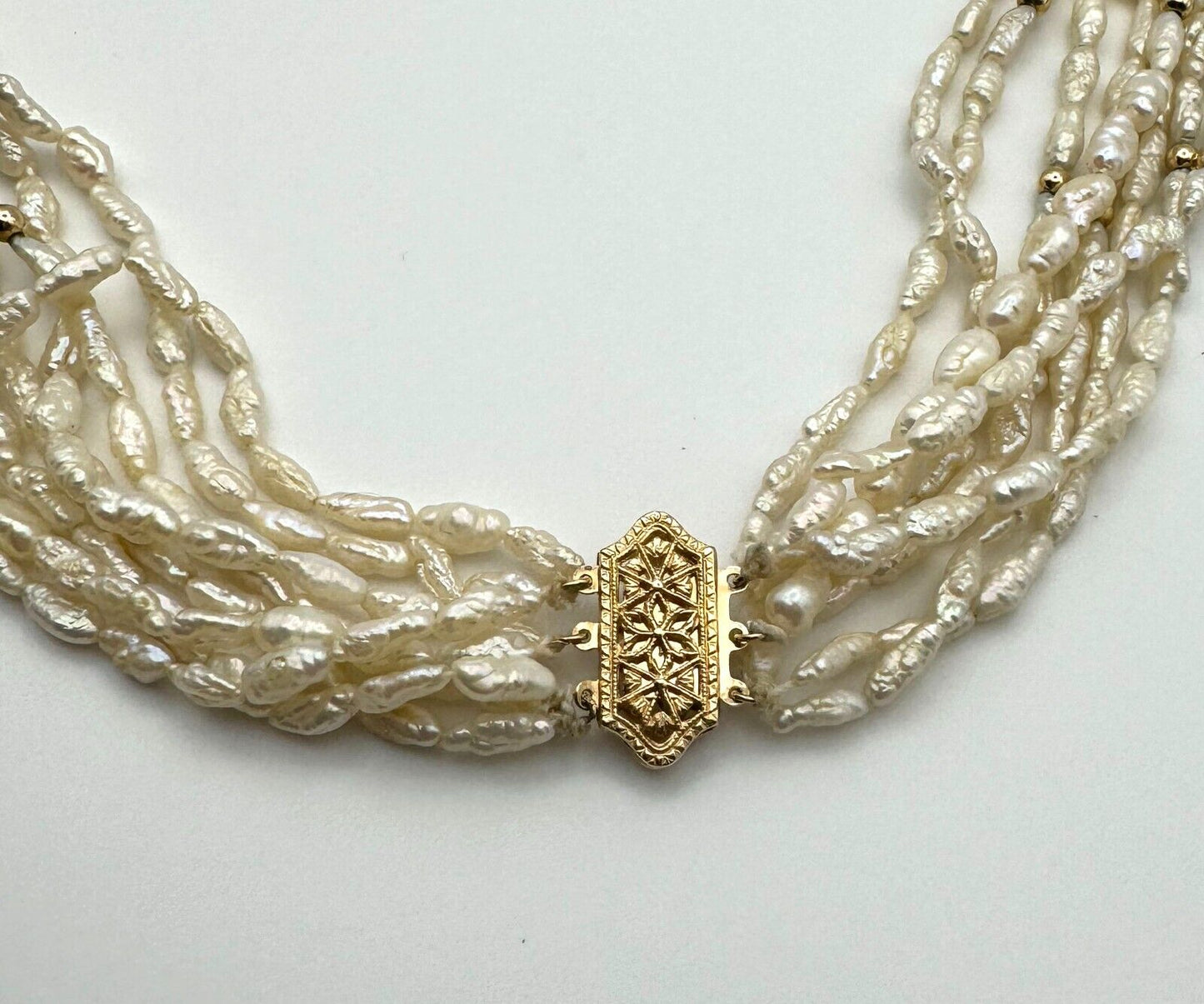 Vintage 8 Strand Seed Pearl Necklace 16" w 14k Gold Pierced Work Clasp (KnK)