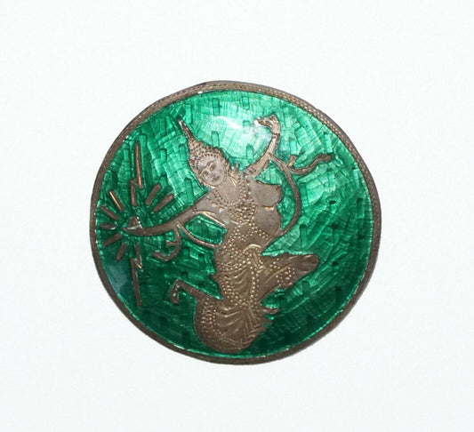 Vintage Thai Sterling Silver & Green Enamel Brooch Pendant w. Dancer (SaR)#202