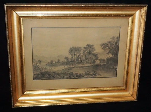 1883 US Gilt Framed Pencil Drawing Landscape w. Figure by A.W. (New)