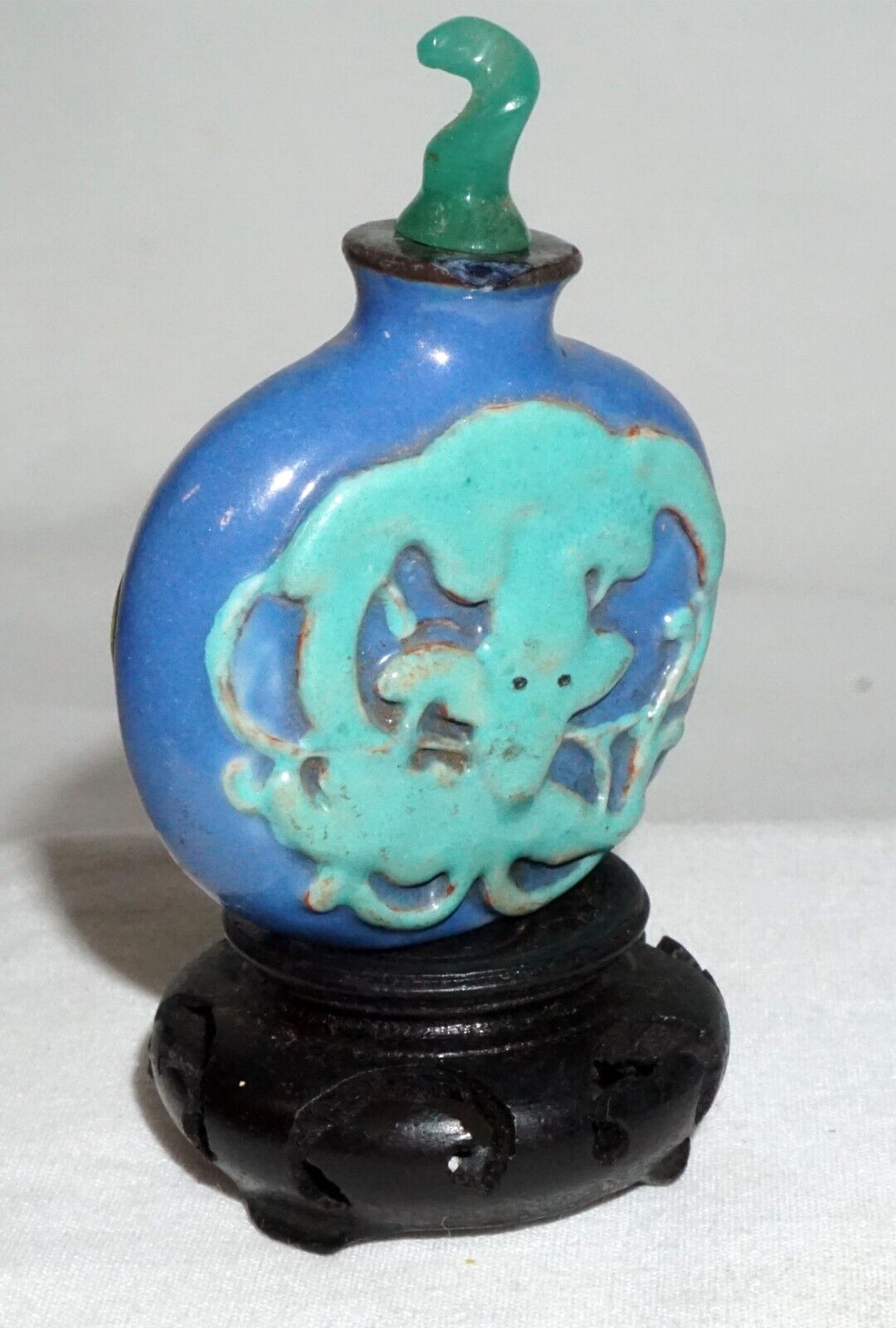 Vintage Chinese Blue Ground Porcelain Relief Dragon Motif Snuff Bottle (LLA) IC