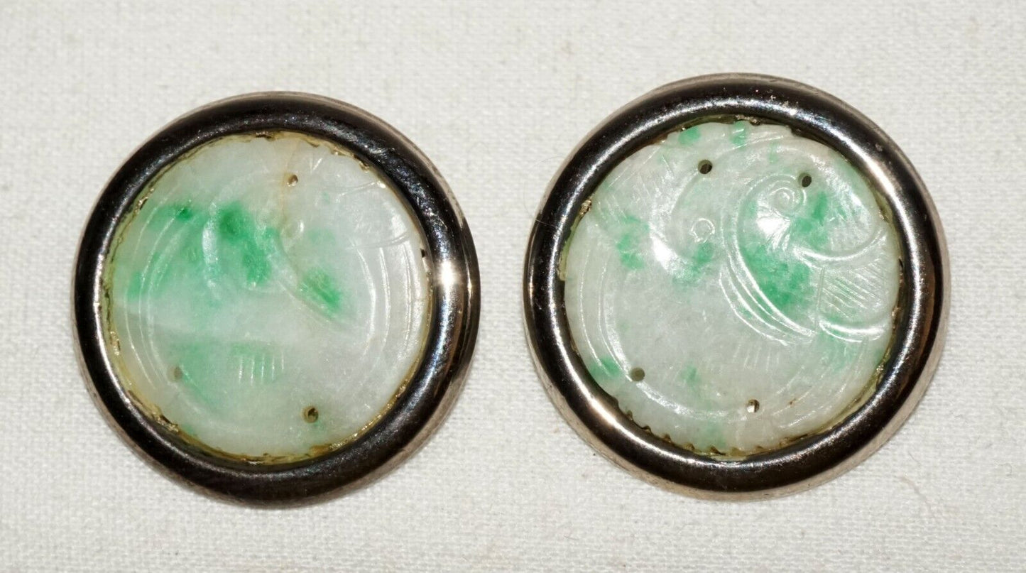 Vtg Sterling Silver White & Apple Green Jadeite Jade Button Ear Clips (LeS)L24