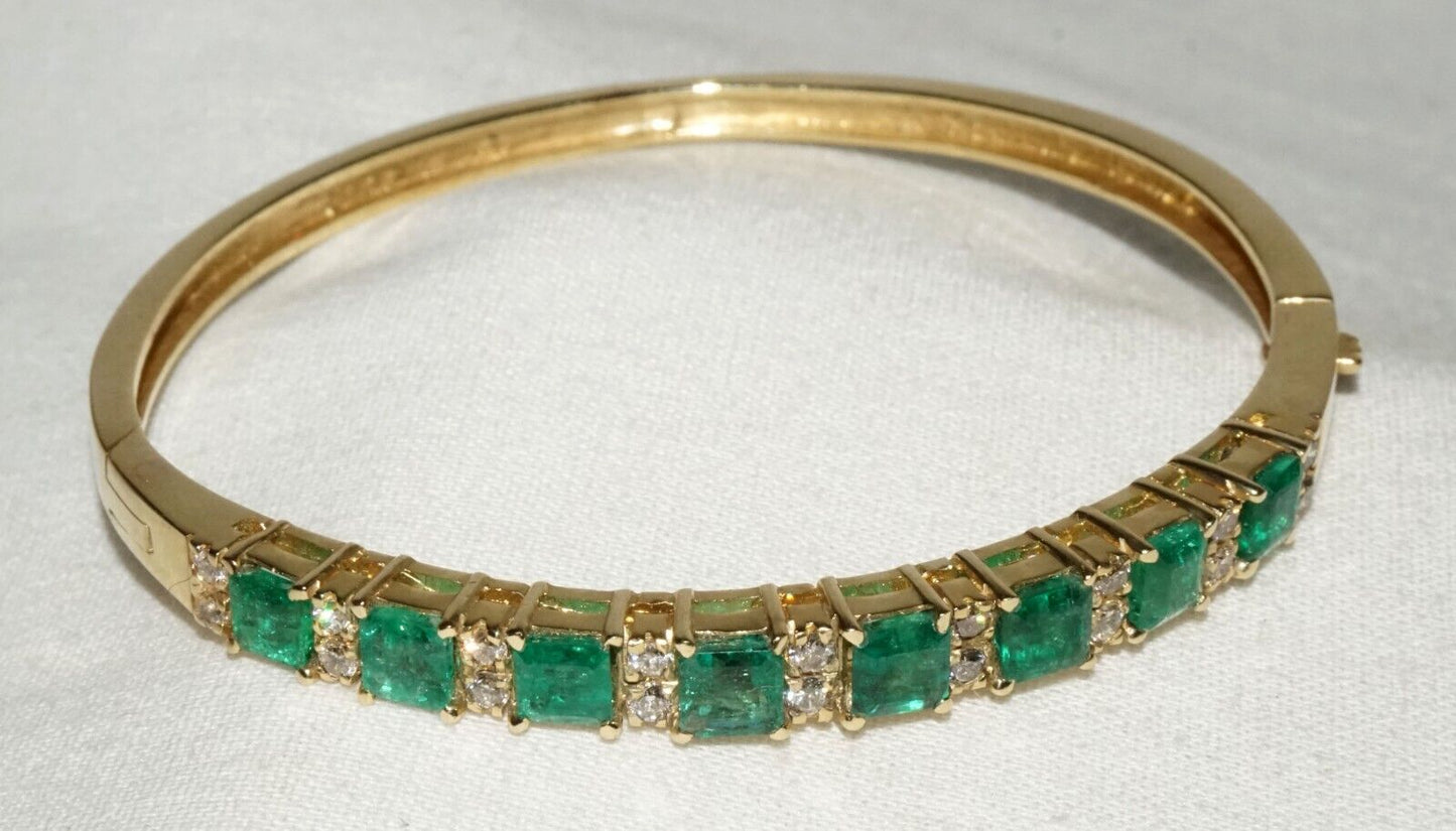 14k Yellow Gold Hinged Bangle Bracelet 4.49ct. Emeralds & 18x Diamonds (GoB) #32