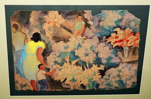 40s Hawaii Ink & Watercolor Painting Hilo Flower-shop by Robert L Eskridge (BeG)