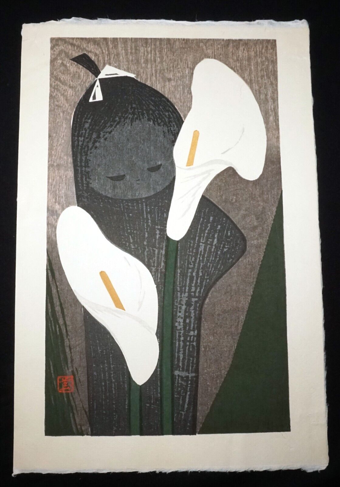 1950s Japanese Woodblock Print Girl & Anthuriums Kawano Kaoru (1916-1965)(KiL)4