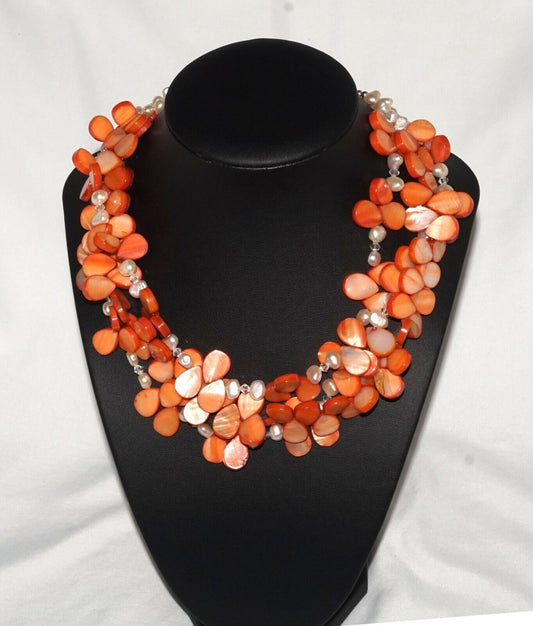 Orange Reef Drop Mother of Pearl & Pearl Necklace w Silver Tone Clasp (MaM)15