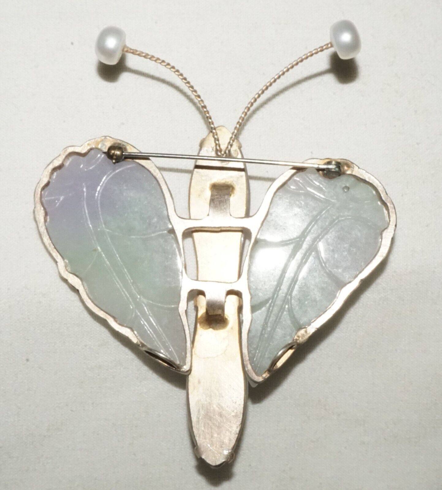 Vintage Chinese Large Butterfly Brooch Pendant w. 3x Lavender Jade Accents (LeP)