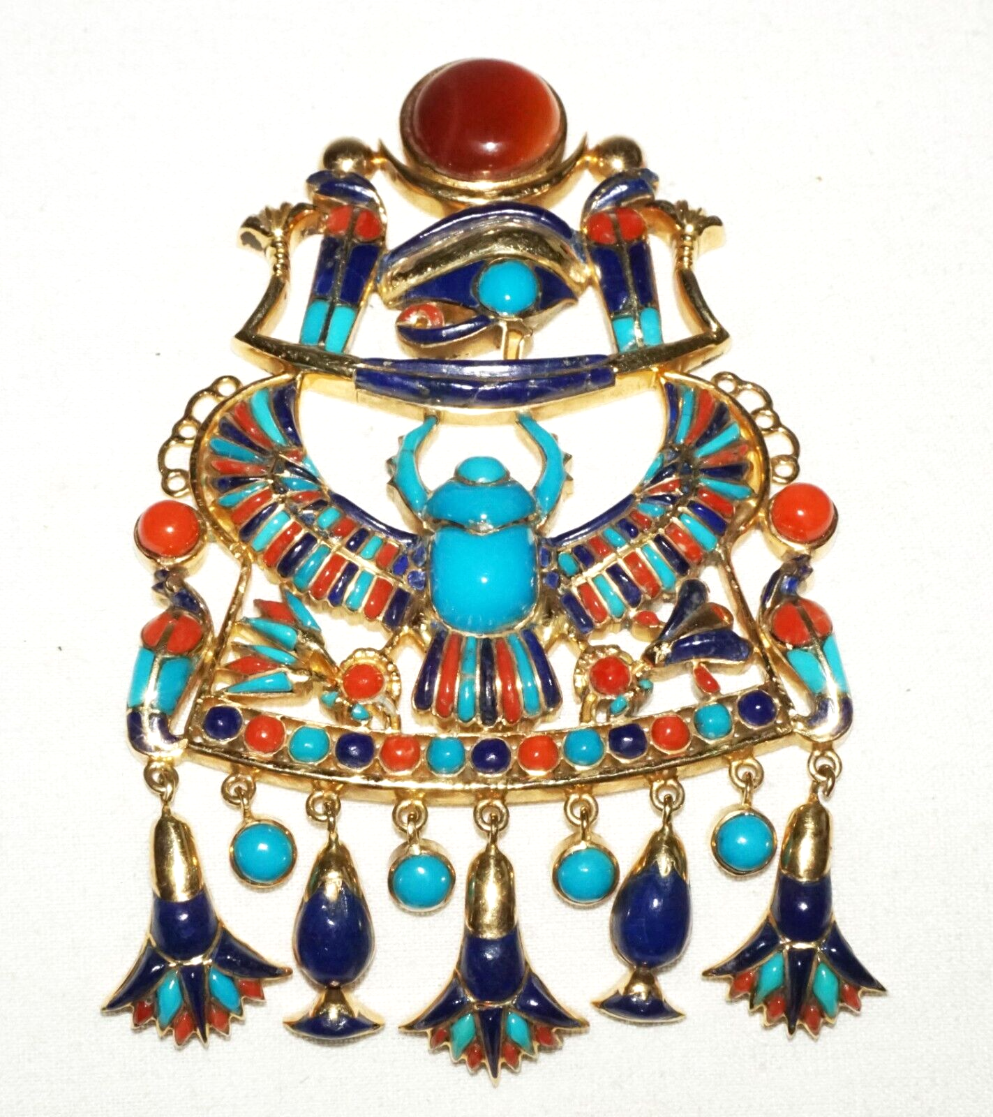 Vtg Egyptian 18k Yellow Gold & Enamel Lapis Eye Horus Ra Scarab Pendant (DaJ)