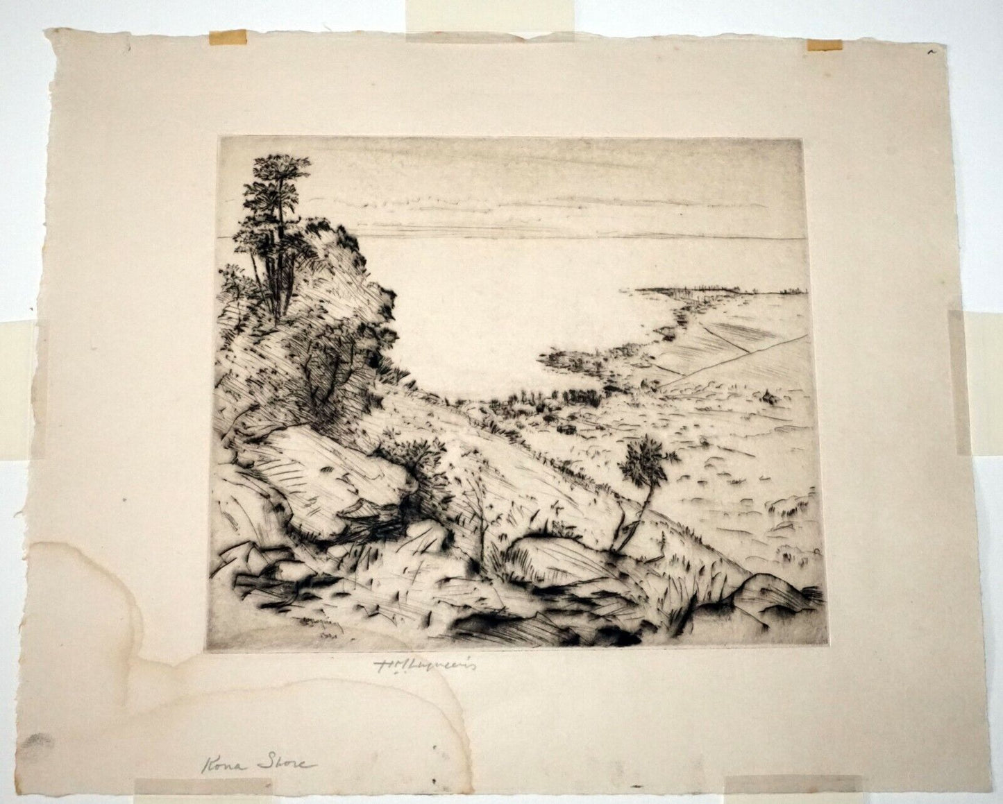 1934 Hawaii Etching Print "Kona Shore" by Huc M. Luquiens (1881-1961)(DAT)#30