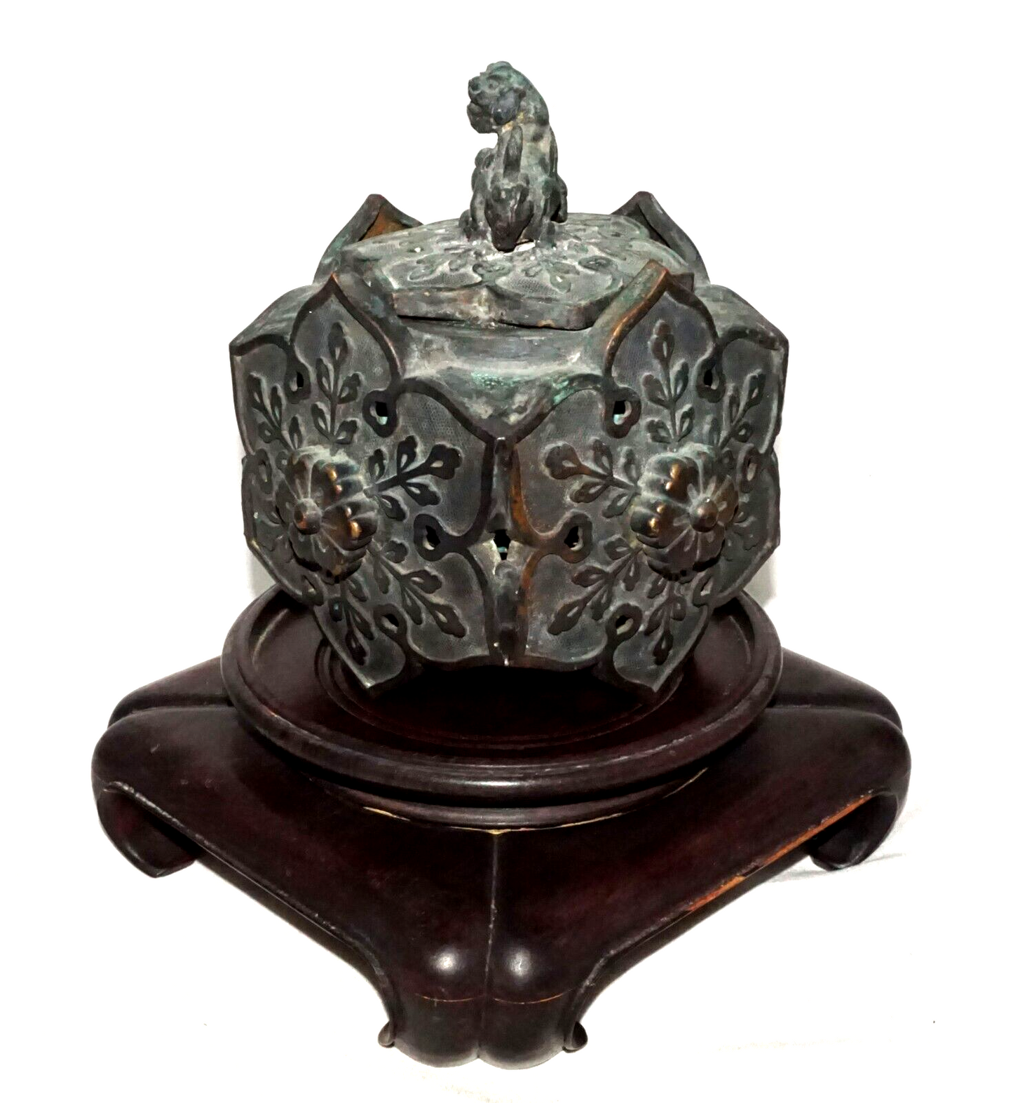 Chinese Bronze Flower Motif Incense Burner w. Foo Dog Finial on Base (WiR)