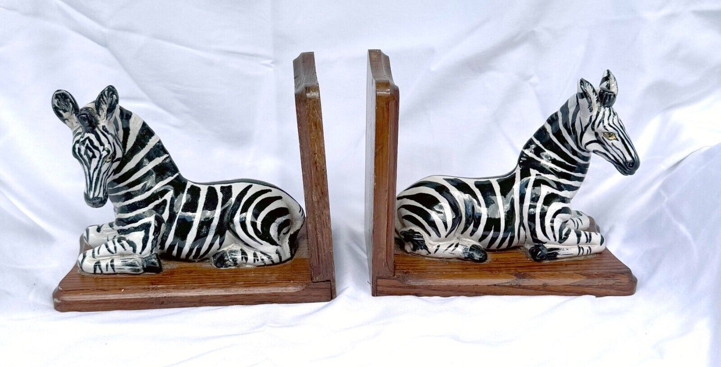 Vintage Hand-Painted Ceramic & Wood Zebra Bookends (SmM)