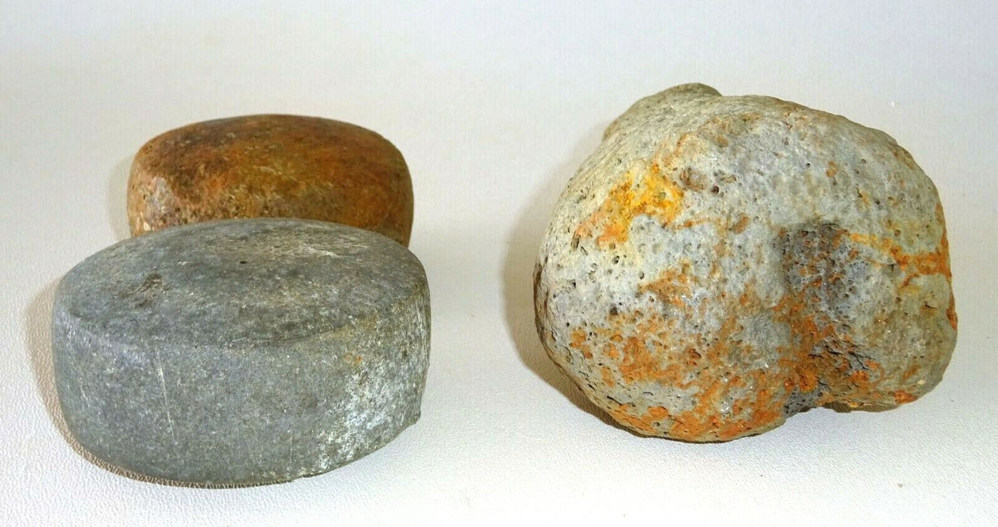 3Pc Antique Hawaii Pounder Fragment & Well Carved Ulu Maika Game Stones (StP)