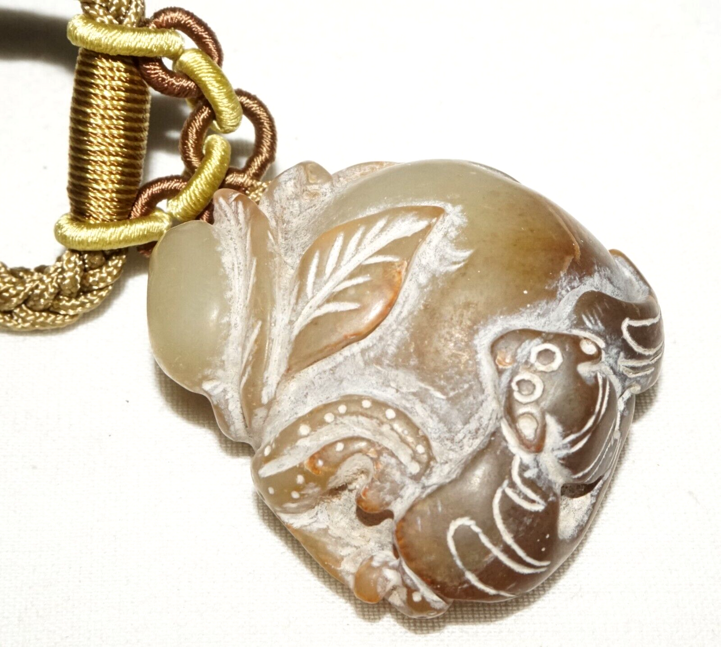 Vintage Chinese Soapstone Carving w Bat on Peach Motif & Cord Necklace (LeS)L20