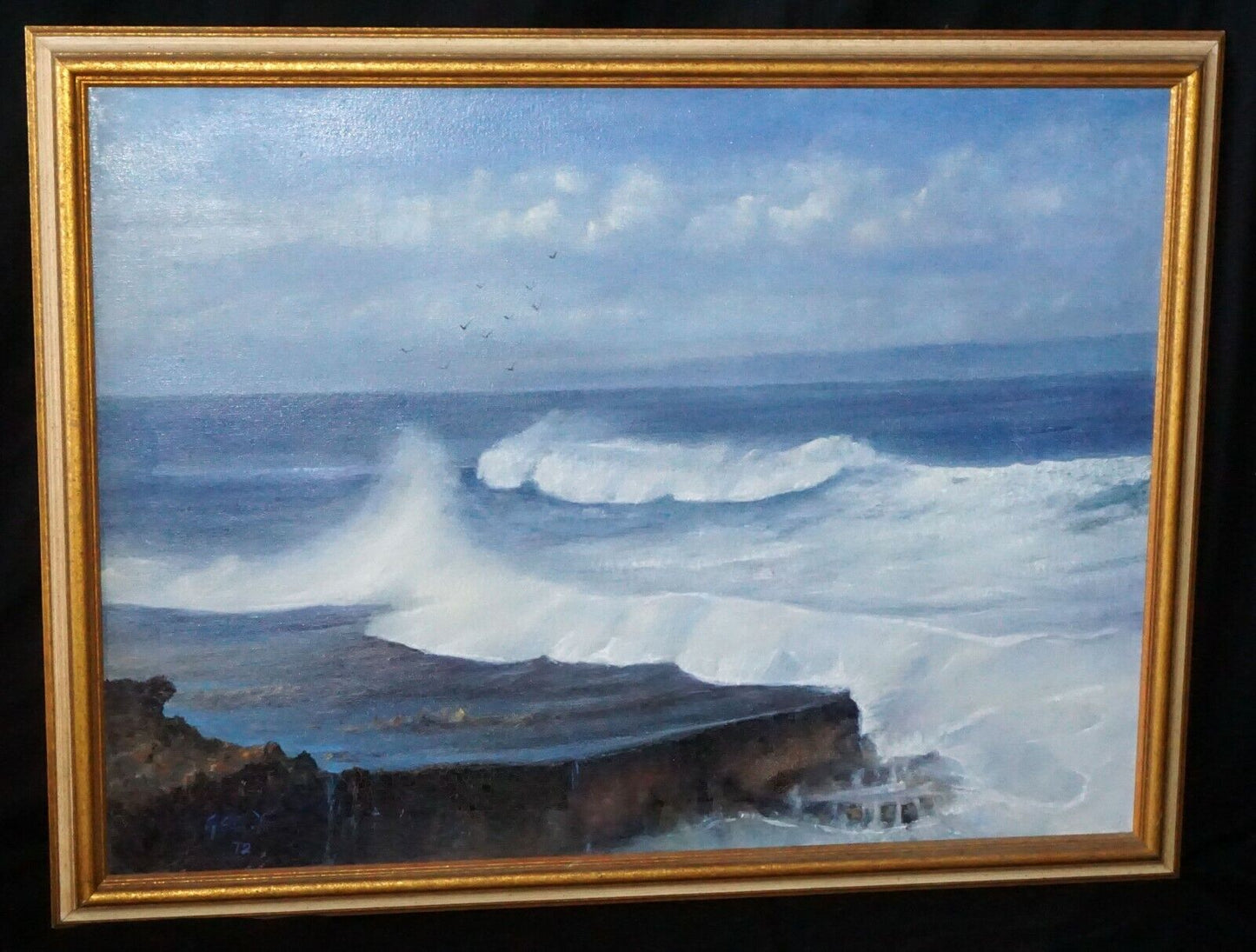 '72 Hawaii Oil Painting "Ocean Waves Crashing on Rocky Lava Shelf" Y. Gee (AkM)