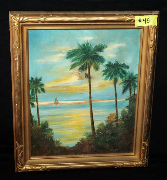 1938 California Framed Oil Painting "Palms & Sailboat" by Mary I. Hoopes (***)