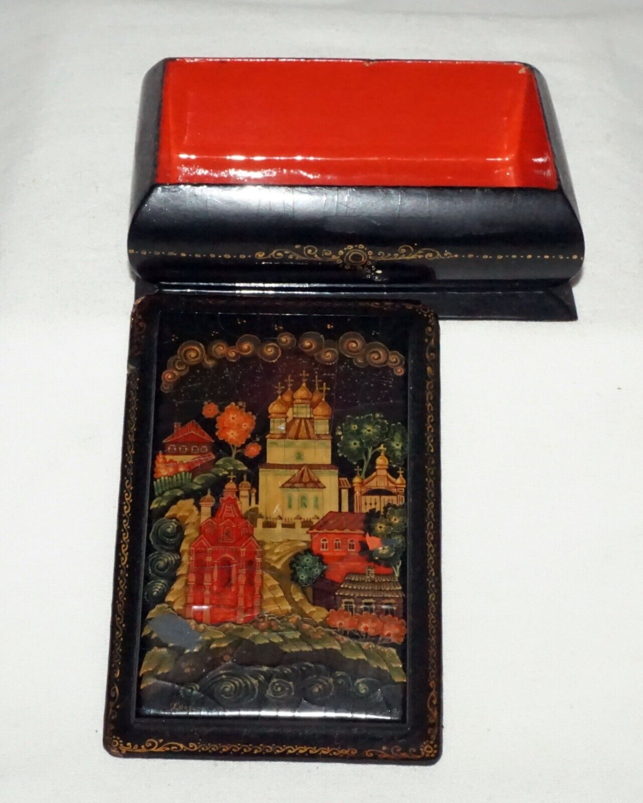 Vintage Russian Lacquer Box Church & Village Motif signed (AHB