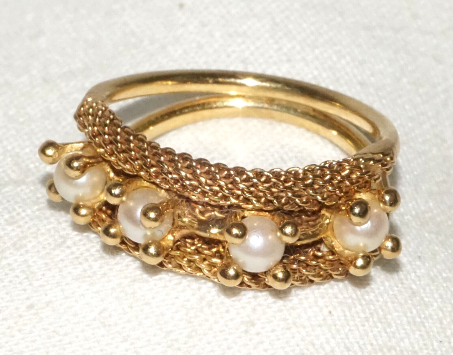 Vintage Yellow Gold Ring Sz.5 w. Woven Accent set w. 4x Pearls (BeM)#3