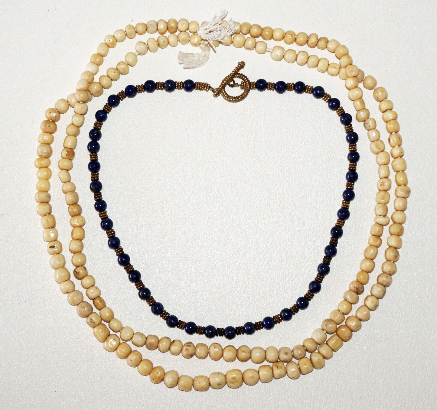 2+1x Antique Bone Bead & Brass & Lapis Lazuli Bead Necklaces (Bsg)#38