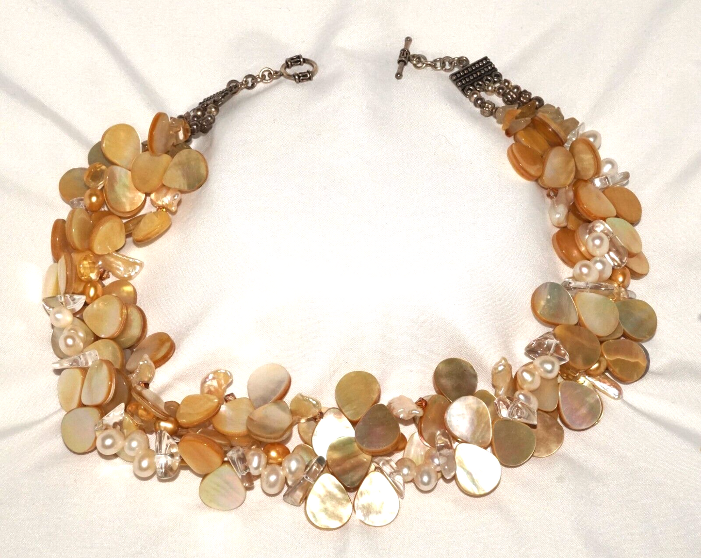 Triple Strand Silver Necklace w Mother of Pearl, Keshi & Irregular Pearls (MaM)2