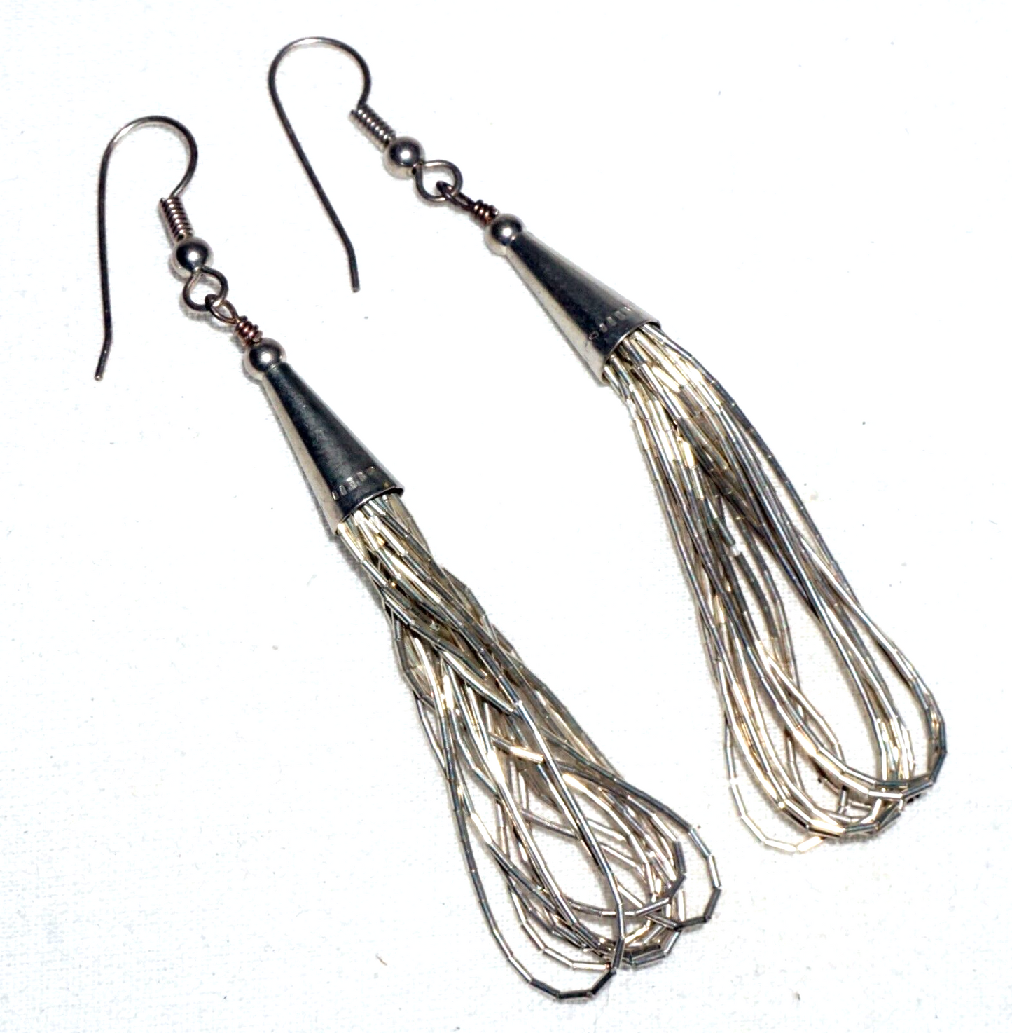 Vintage Unmarked Silver Alloy Dangle Earrings w. Tubular Bead Strands (---)