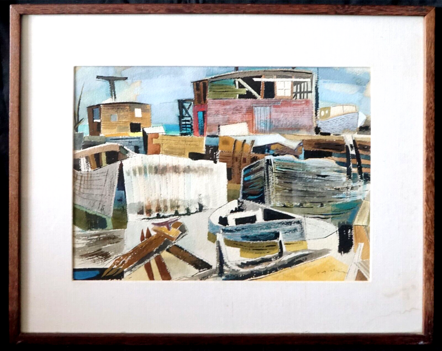 1948 Hawaii Watercolor Painting Boat Harbor I by Keiichi Kimura (1914-88) (PeN)