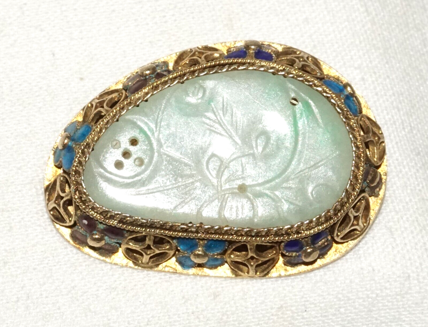 Antique Chinese Silver Filigree & Enamel Brooch set w. Jadeite Jade (InS)#L1-2