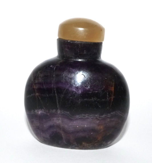 Vintage Chinese Purple Fluorite Carved Snuff Bottle w. Agate Stopper (LeS) G16