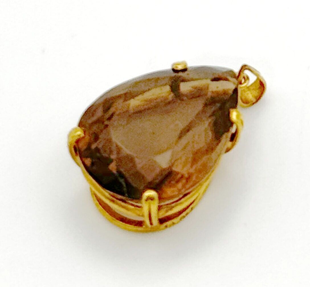 Vintage 14k Yellow Gold Pear-Cut Faceted Smoky Quartz Prong Set Pendant (McC)