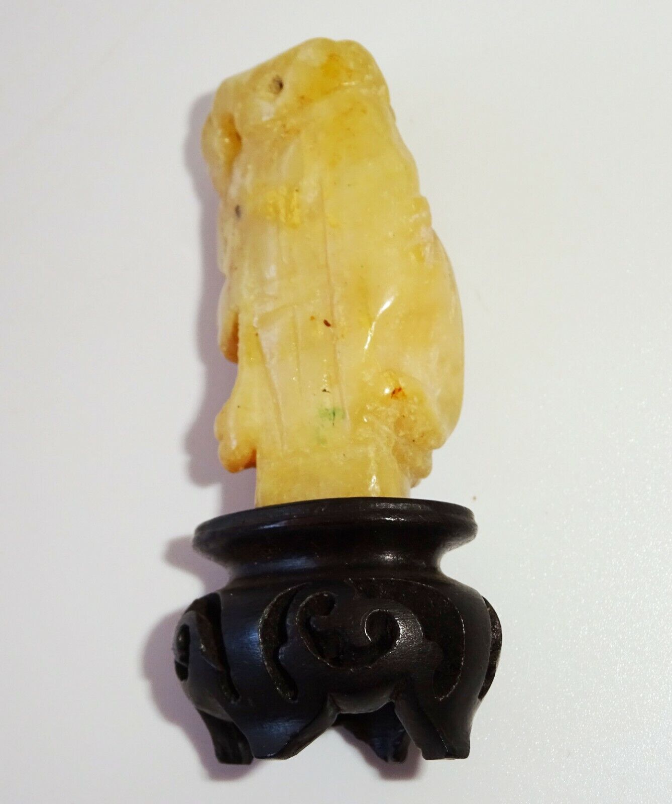 19/20C Chinese Yellow Jade Carving Deity & Gourd on Fitted Stand (FeO)#39