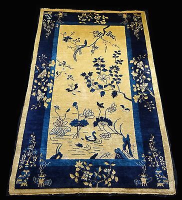 1920s Chinese Blue & Gold Wool Pile Rug w. Auspicious Motifs 92"x 60" (Sig)