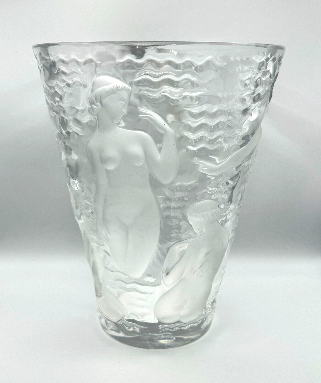 Vintage French Frosted Crystal Lalique Ondines Nudes Vase (AHB)