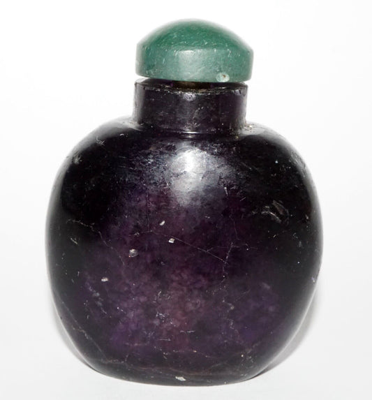 Vintage Chinese Dark Purple Fluorite Carved Snuff Bottle w. Green Stop (LeS) G8