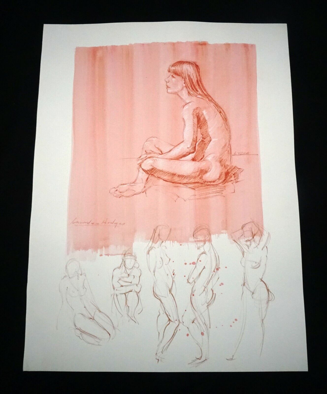 Hawaii Mixed Media Wash Painting Seated Female Nude by Snowden Hodges (Sho)#140