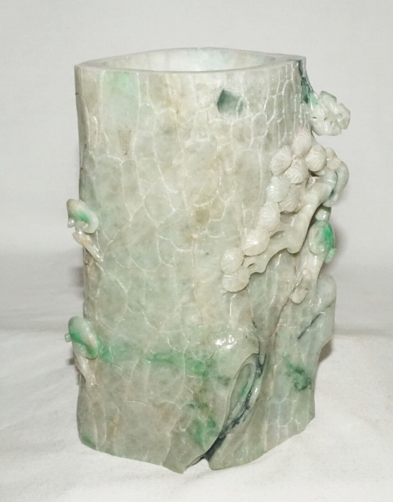 Chinese Jadeite Jade Carved Brush Pot w. Pine Tree Stump & Lingzhi Motifs (InS)