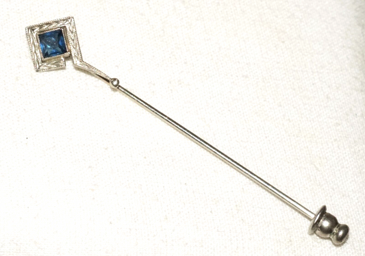 Art Deco Style White Gold Pin w. Bezel set Blue Glass Accent (BeM)