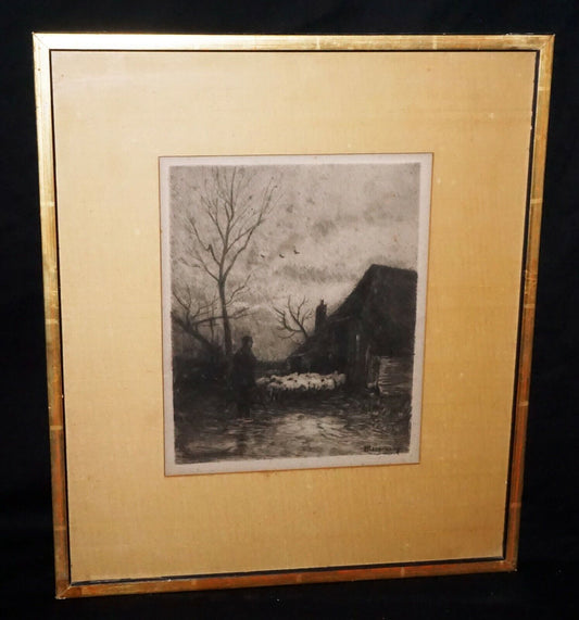 1890s German Etching Print Shepherd before Dawn Helmut Liesegang (1858-1945)(***