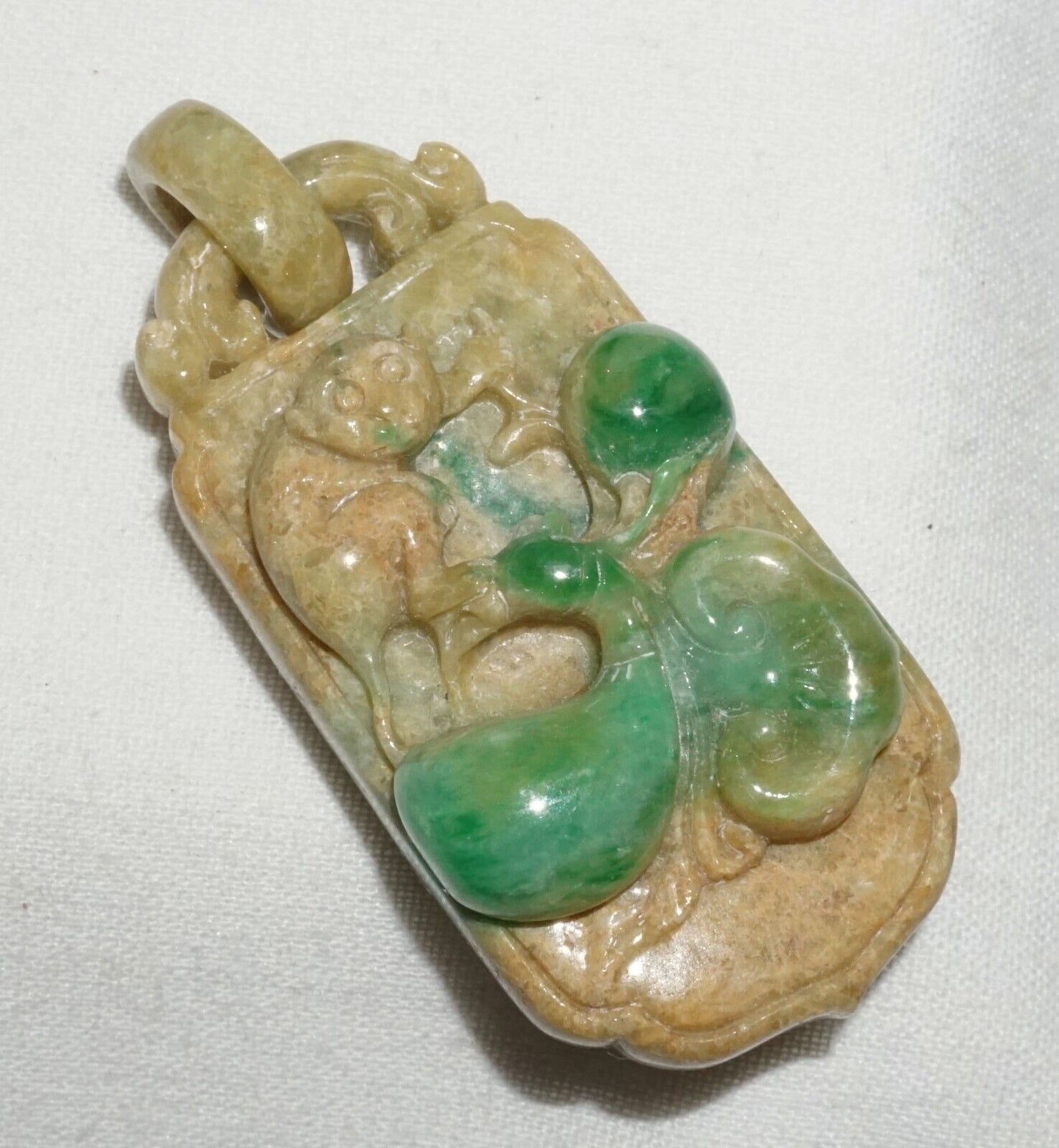 Vintage Chinese Jadeite Jade Locket Style Pendant w. Monkey Lingzhi Coin (---)