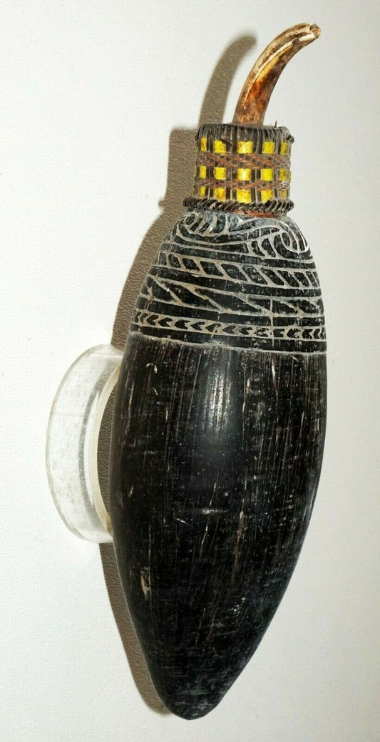 New Guinea Wooden Carved Lime Container w. Boars Tusk Finial Top (Mil) #213