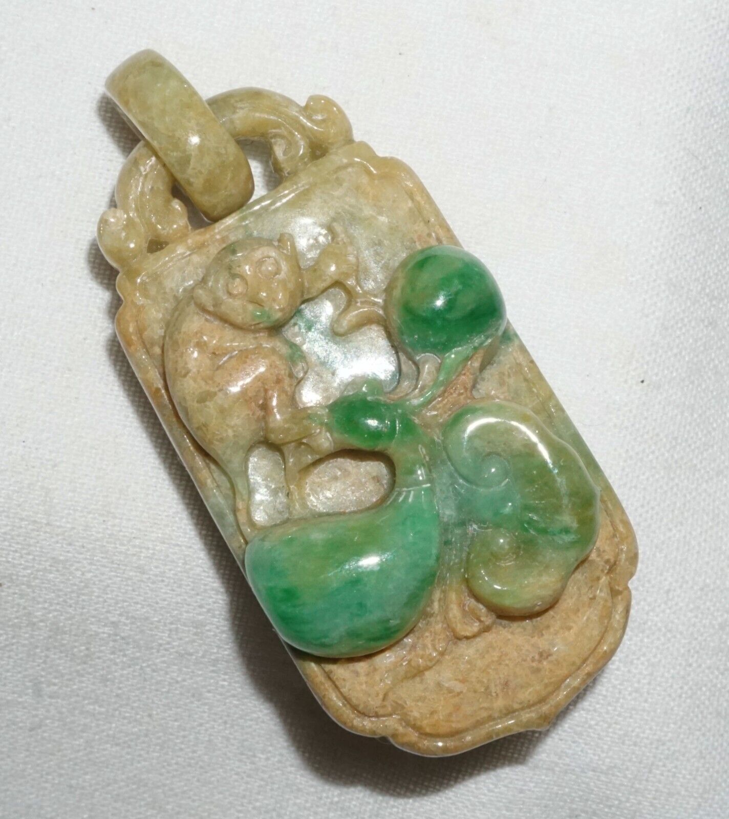 Vintage Chinese Jadeite Jade Locket Style Pendant w. Monkey Lingzhi Coin (---)