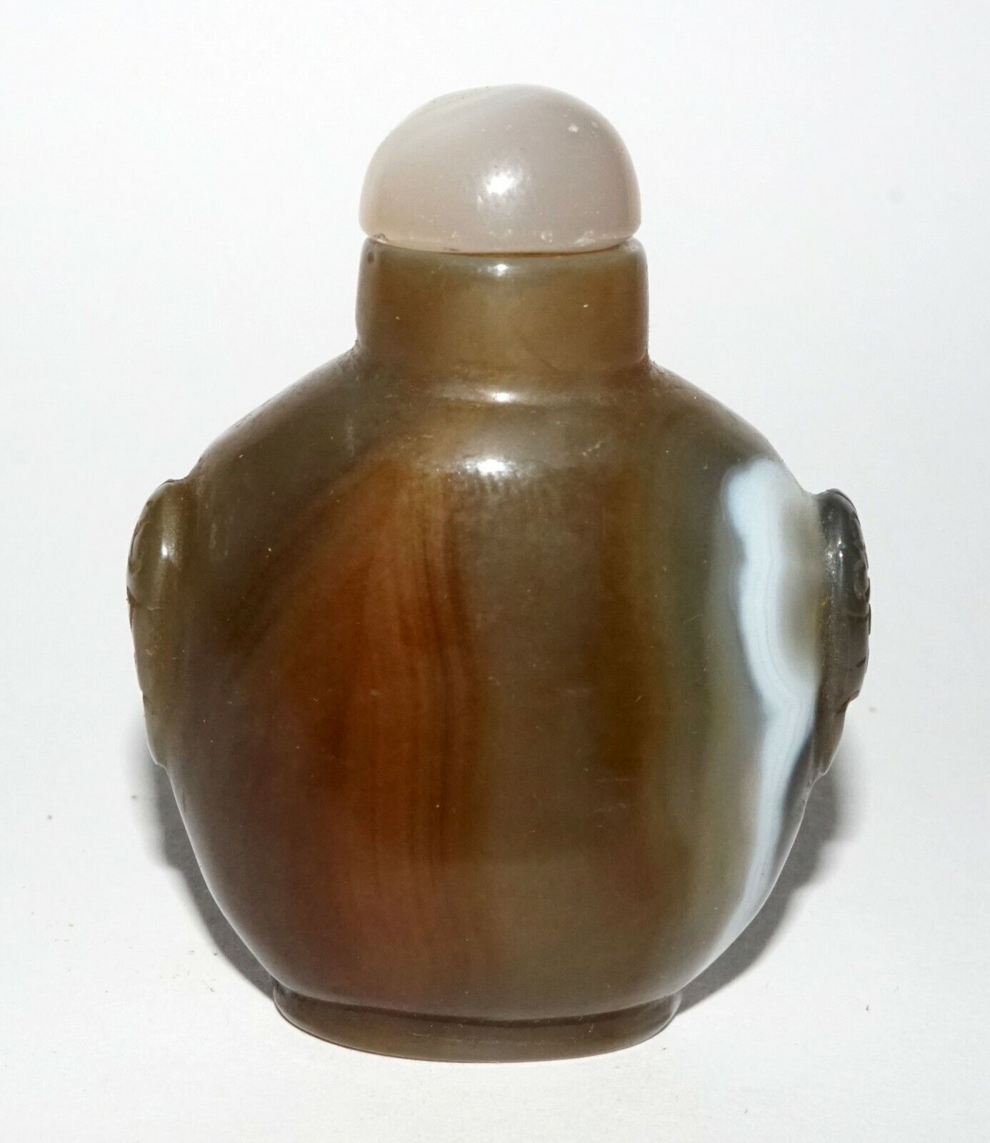 Vintage Chinese Agate Carved Snuff Bottle w. Mask Handles & Stopper (LeS) G1