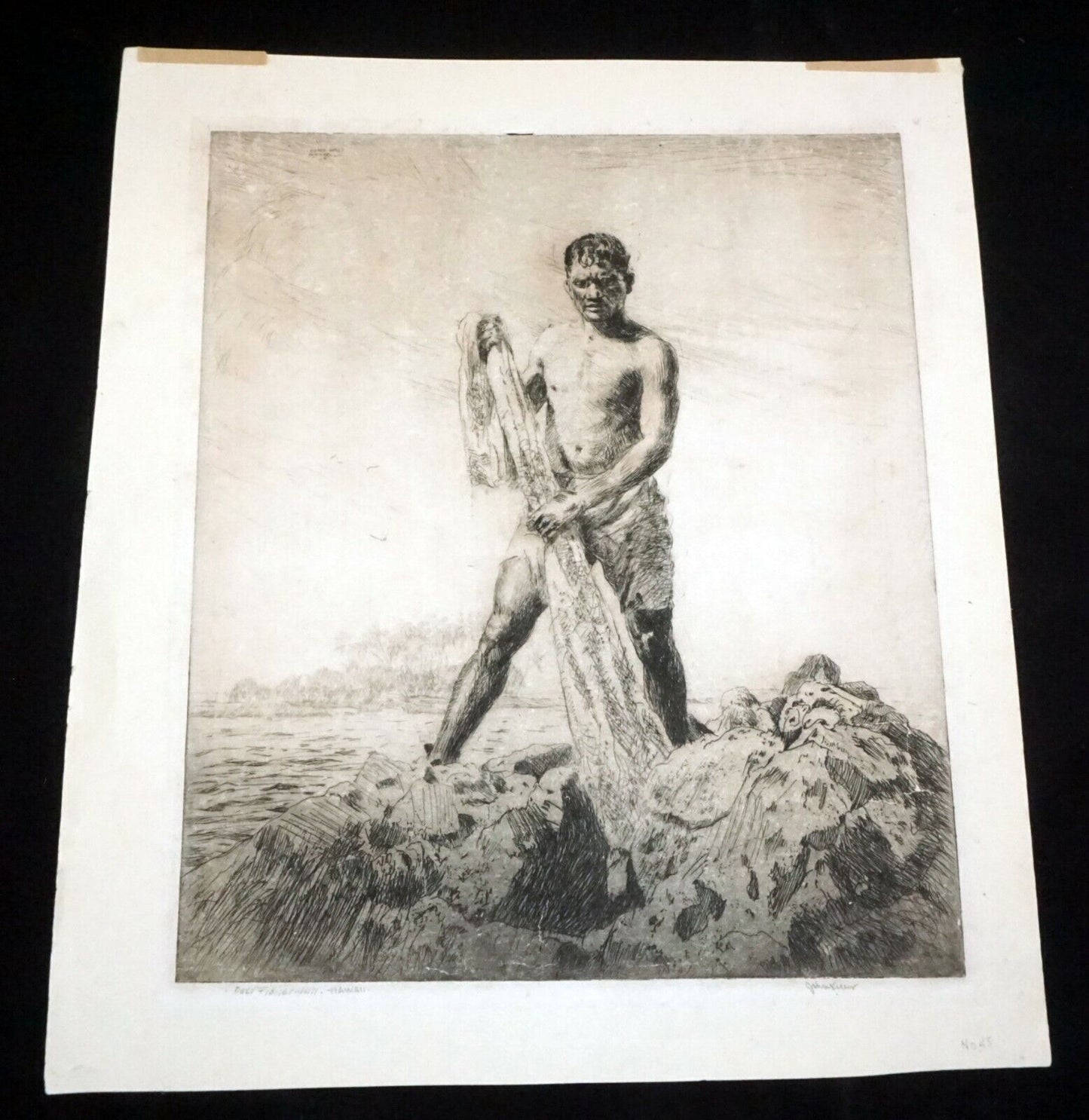 1928 Hawaii Etching Print Reef Fisherman by John Melville Kelly (1879-1962)(Kel)