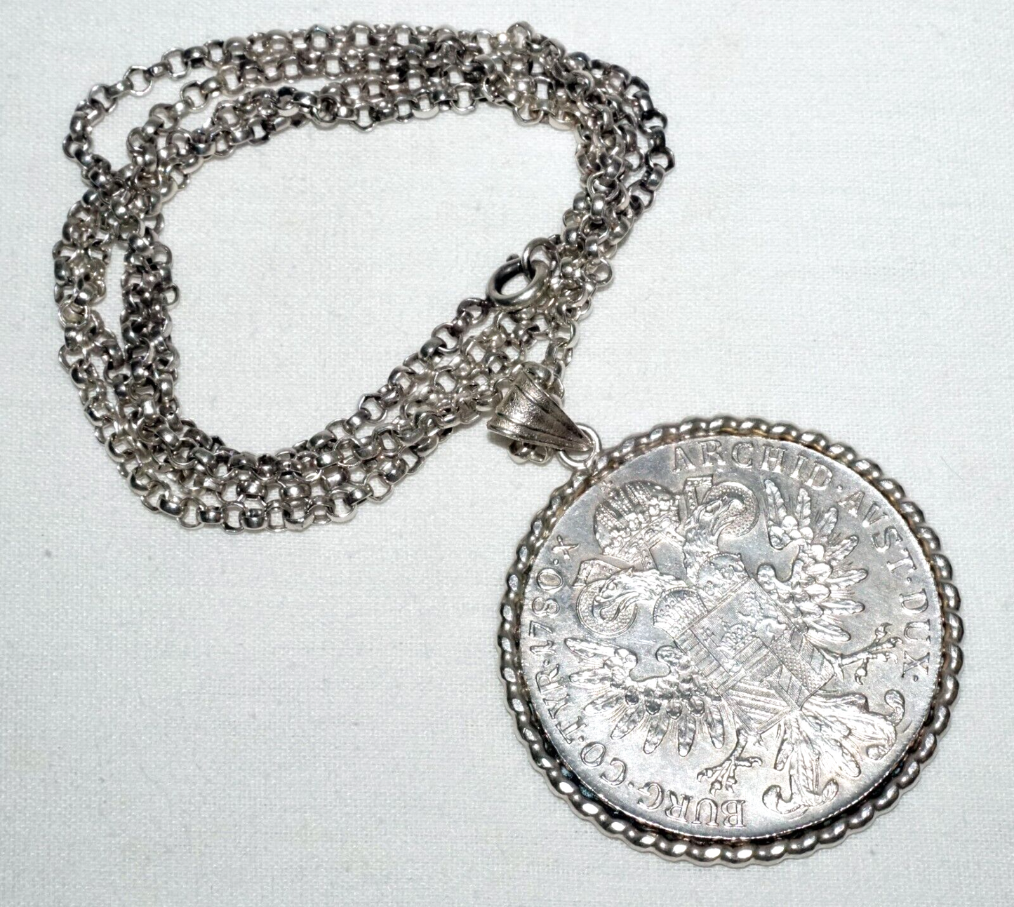 Vintage Egyptian Silver Necklace w. 1780 Austrian Silver Coin Pendant (KoS) L9