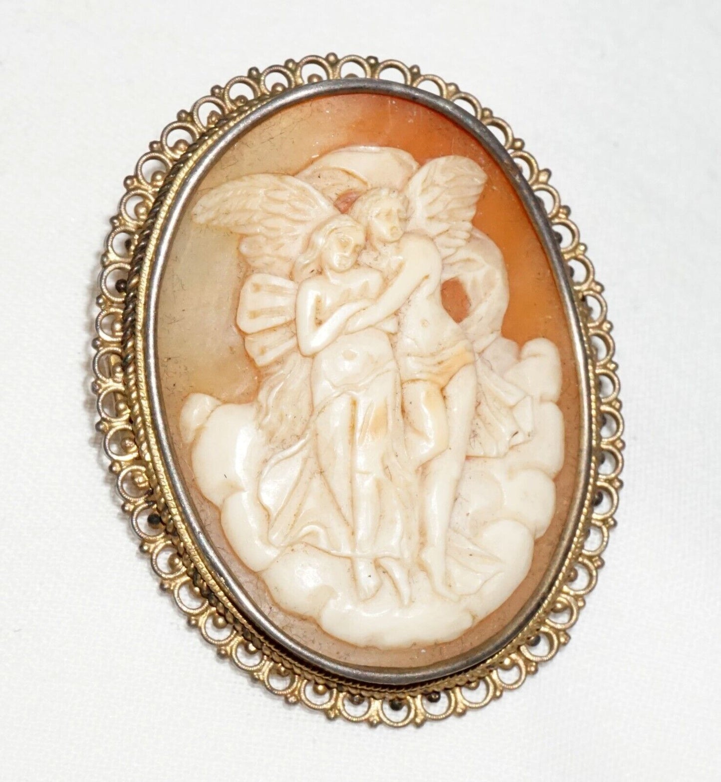 Vintage Unmarked Metal Scroll Design Brooch Shell Cameo w Angel Motif (BiB)