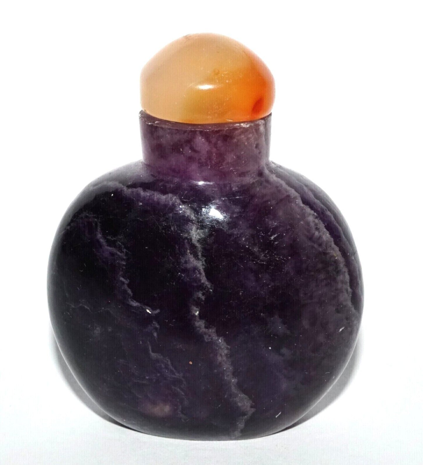 Vintage Chinese Purple Fluorite Carved Snuff Bottle w. Agate Stopper (LeS) G8