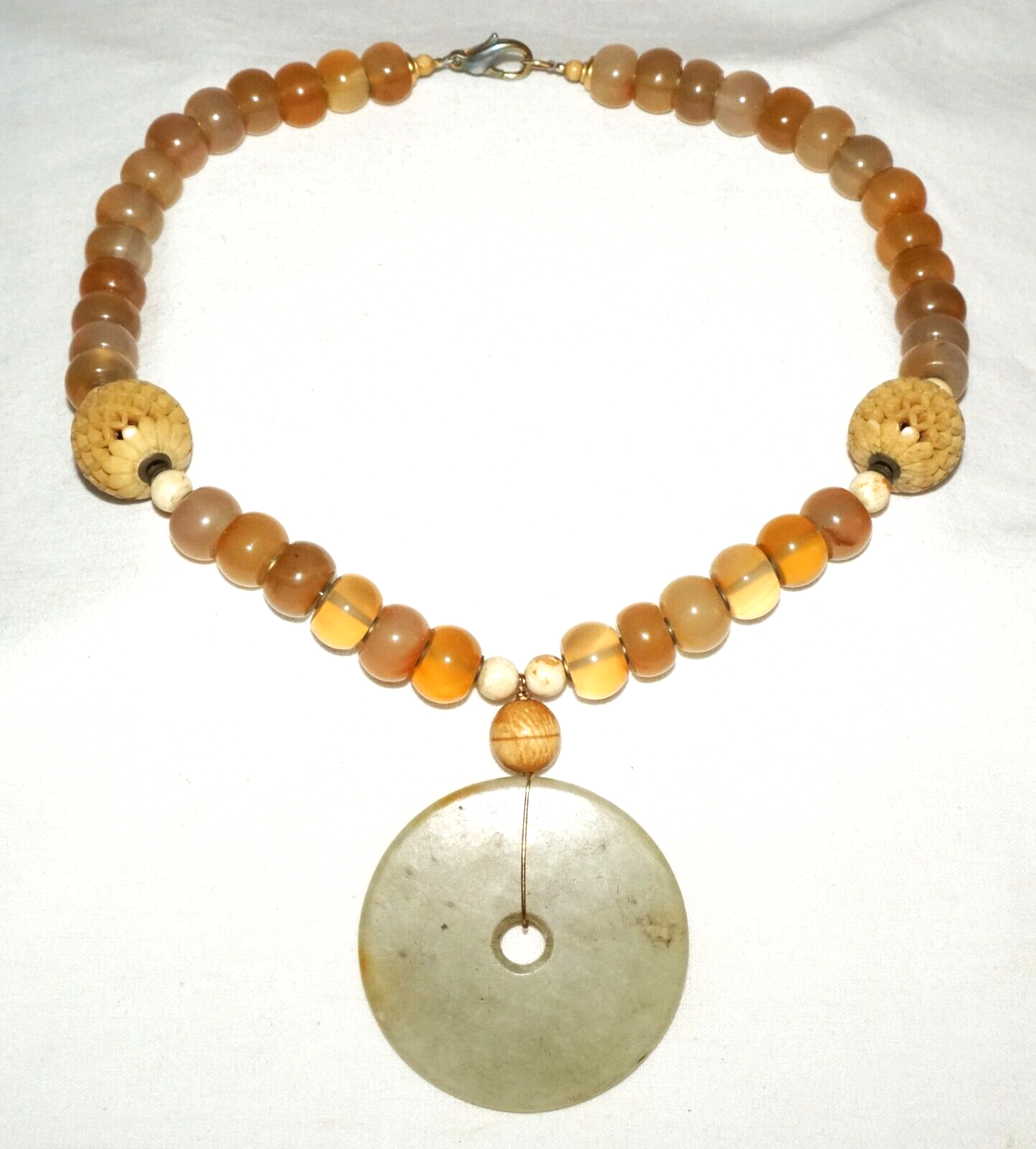 Chinese Yellow Semi Translucent Hard-stone Bead Necklace w. Jade Pendant (PaS)