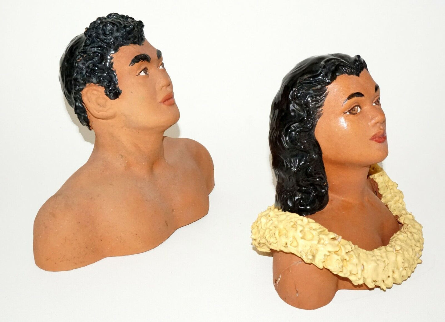 1950s Hawaii Painted Pottery Busts Kane & Wahine by Julene Honolulu Repair (BeG)