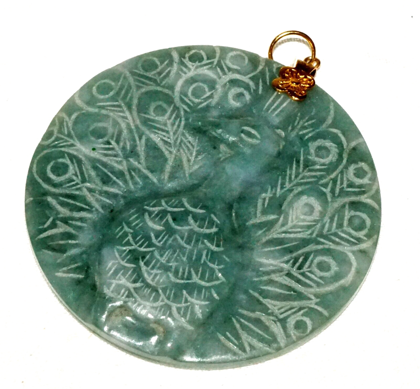 Vintage Chinese Blue Green Jade Disk pendant w. Peacock Motif (InS)#L4