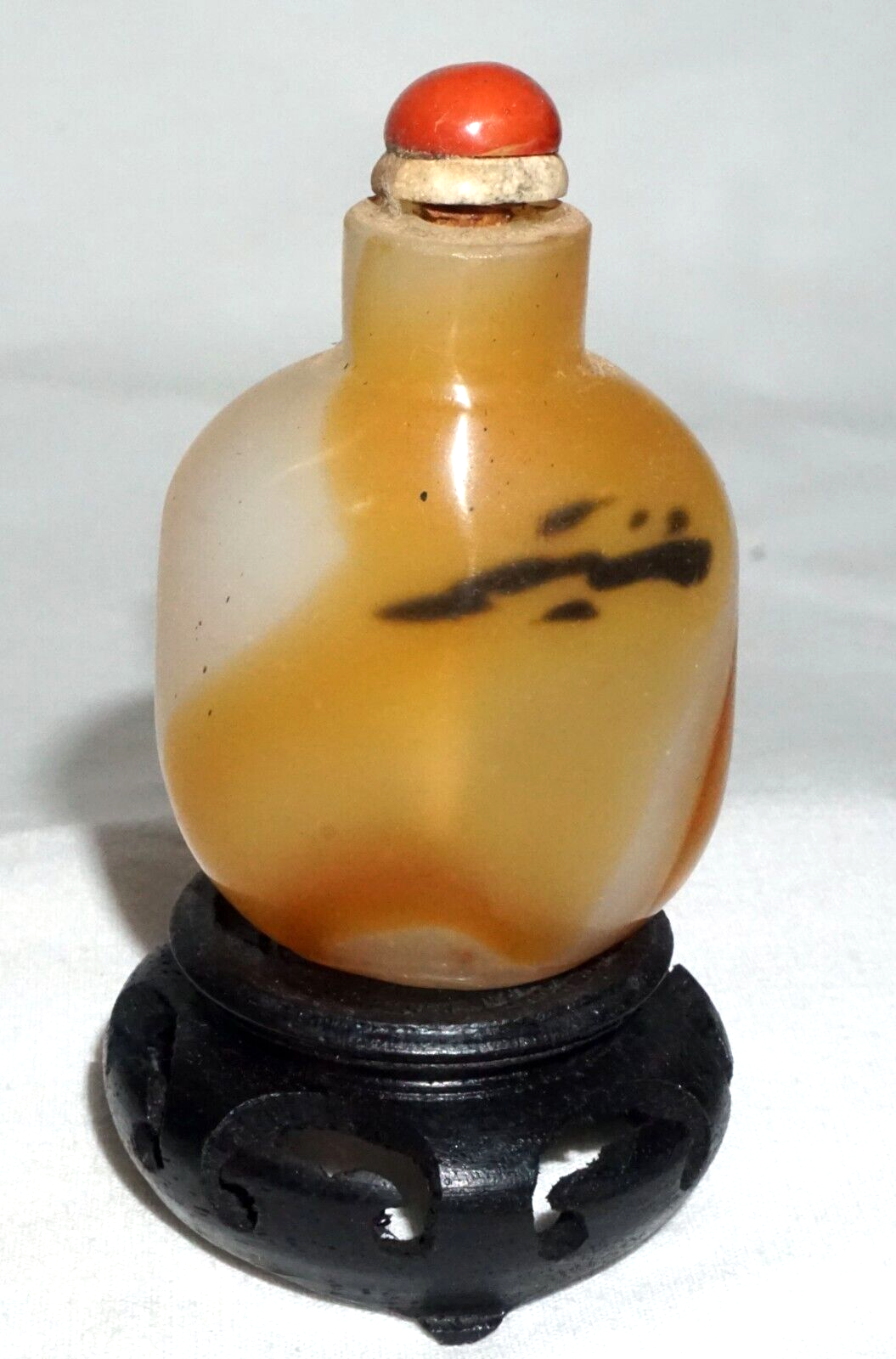 Vintage Chinese Shadow Agate Style Glass Snuff Bottle on Stand (LLA)